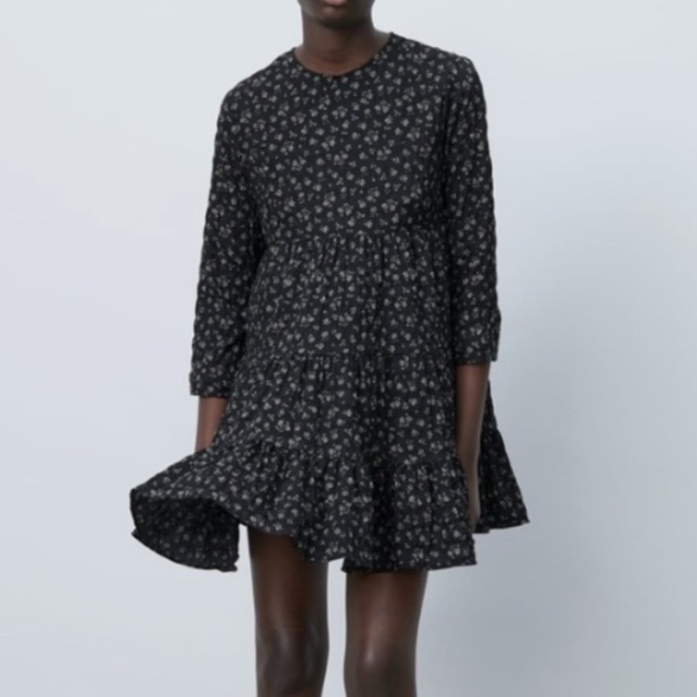Zara Black Floral Long Sleeve Dress